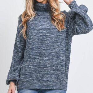 Turtleneck Melange Balloon Sleeve Sweater "NAVY OR TEAL"